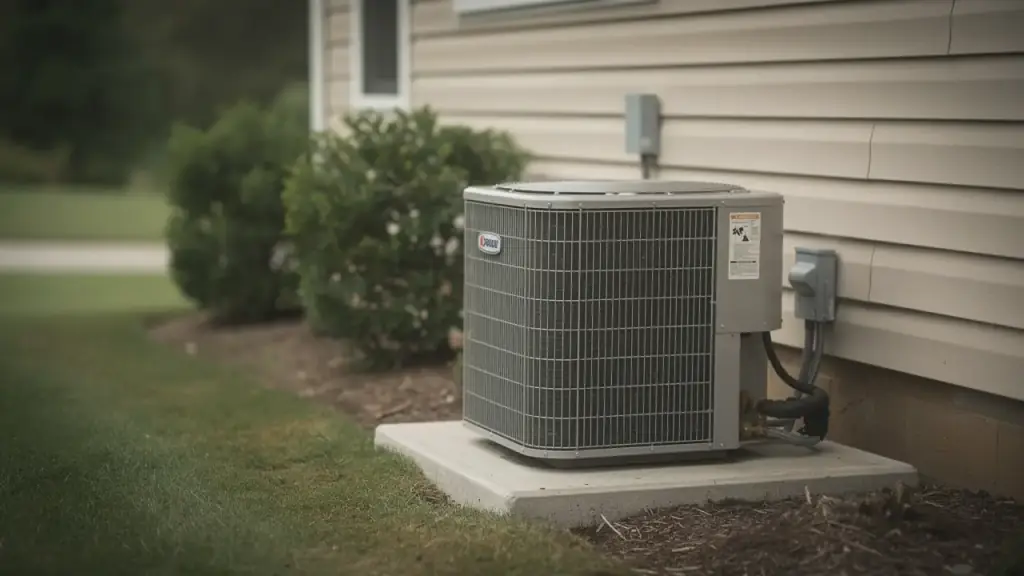 A residential outdoor condensing unit on its pad beside a house