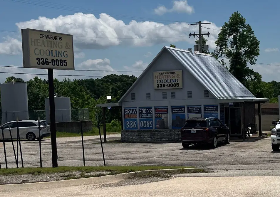 The Crawford's Heating & Cooling building on Old Route 66, St. Robert, with the company name and 336-0085 painted on the gable end